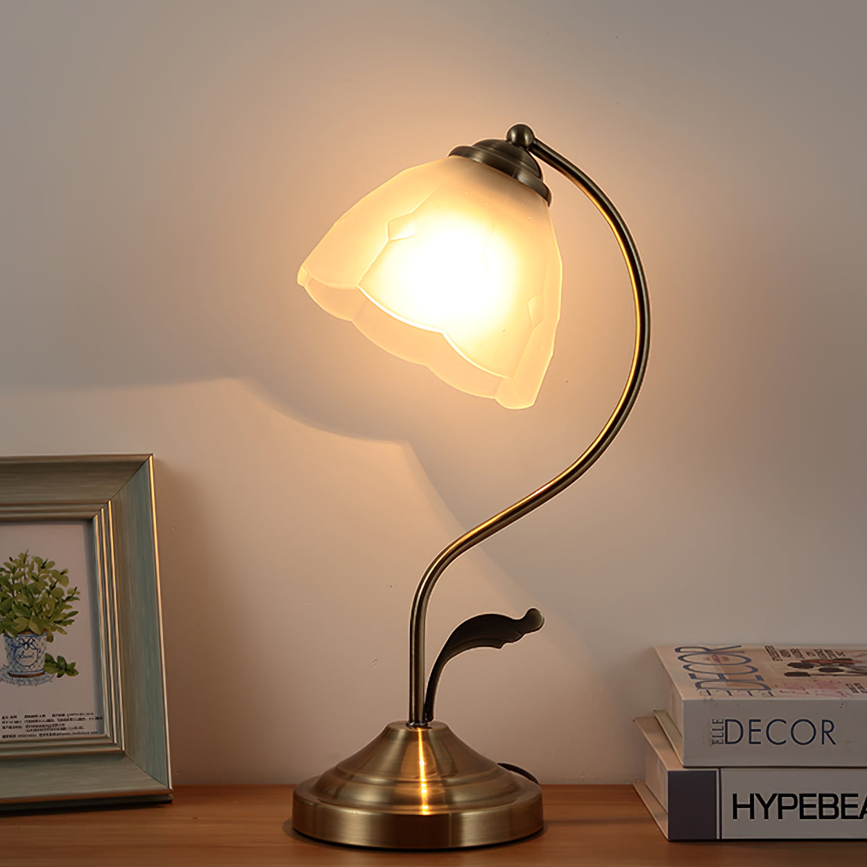 White and Blue Glass Floral Table Lamp with Gold Finish