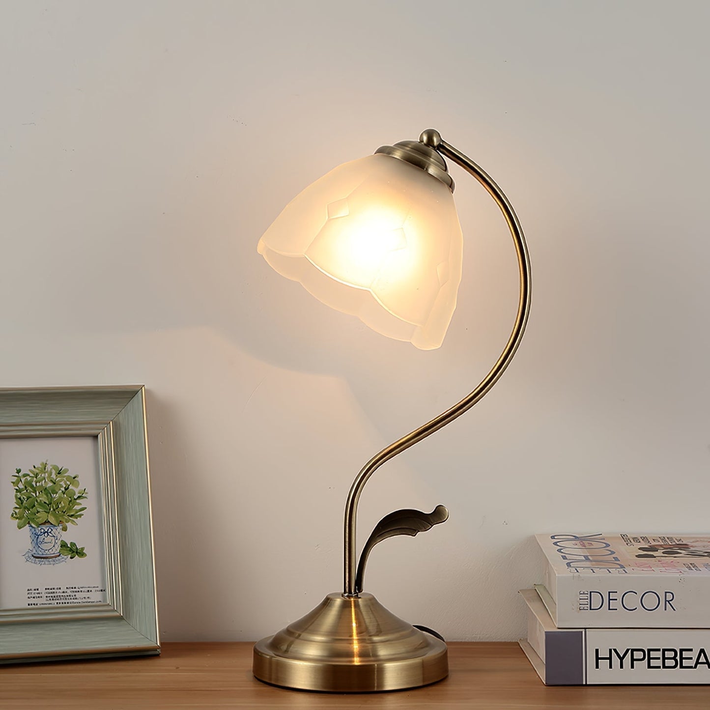 White and Blue Glass Floral Table Lamp with Gold Finish