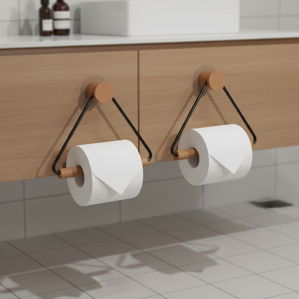 Minimalist Metal and Wood Bathroom Holder Set