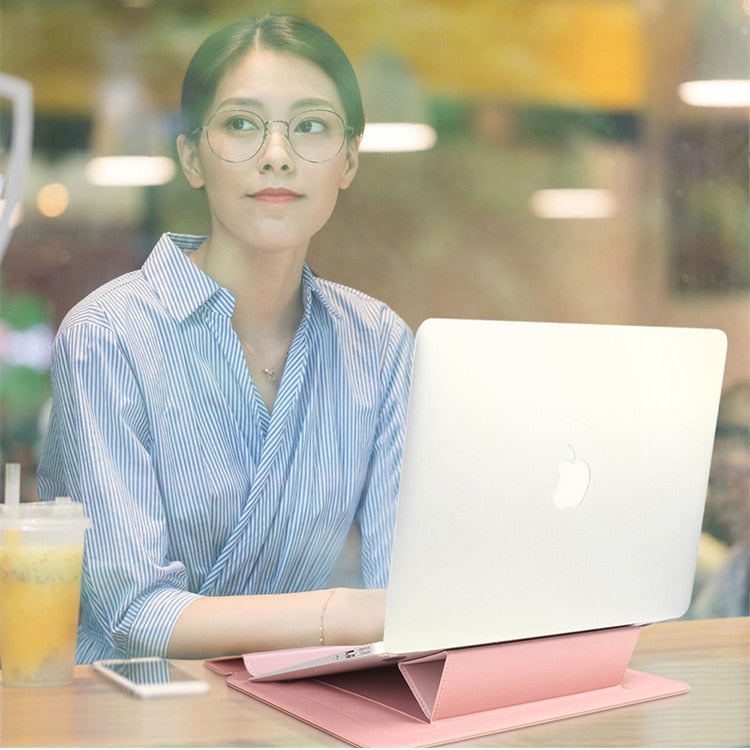 Slim PU Leather Laptop Sleeve with Foldable Stand