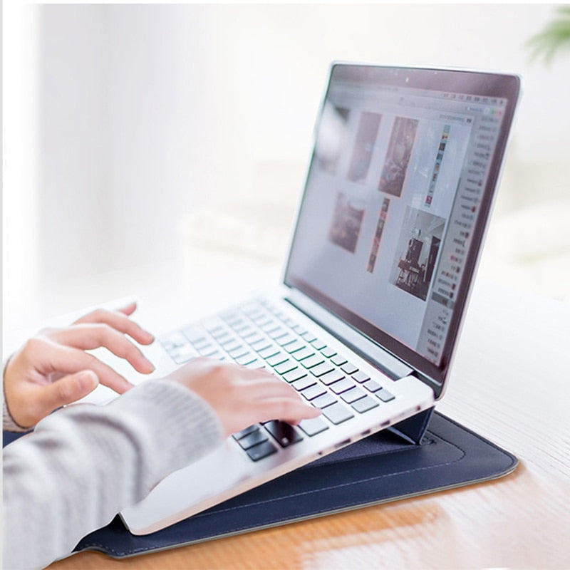 Slim PU Leather Laptop Sleeve with Foldable Stand