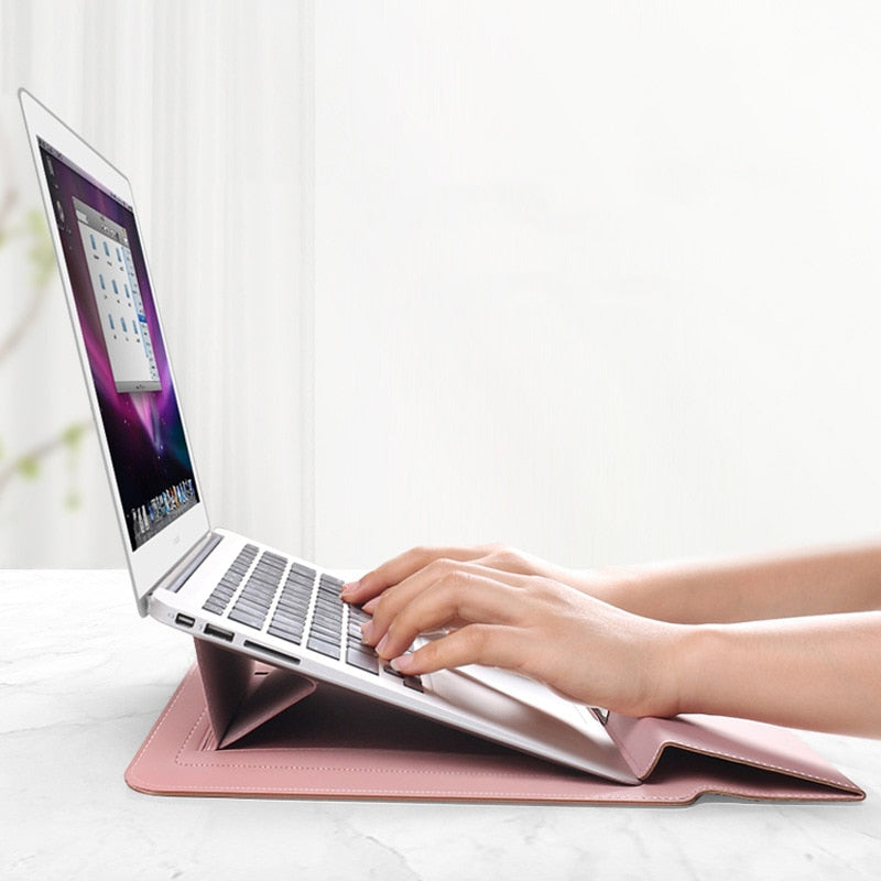 Slim PU Leather Laptop Sleeve with Foldable Stand