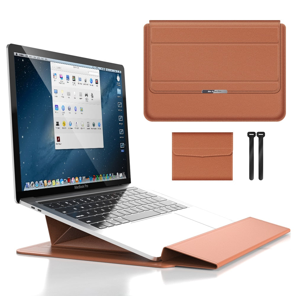 Slim PU Leather Laptop Sleeve with Foldable Stand