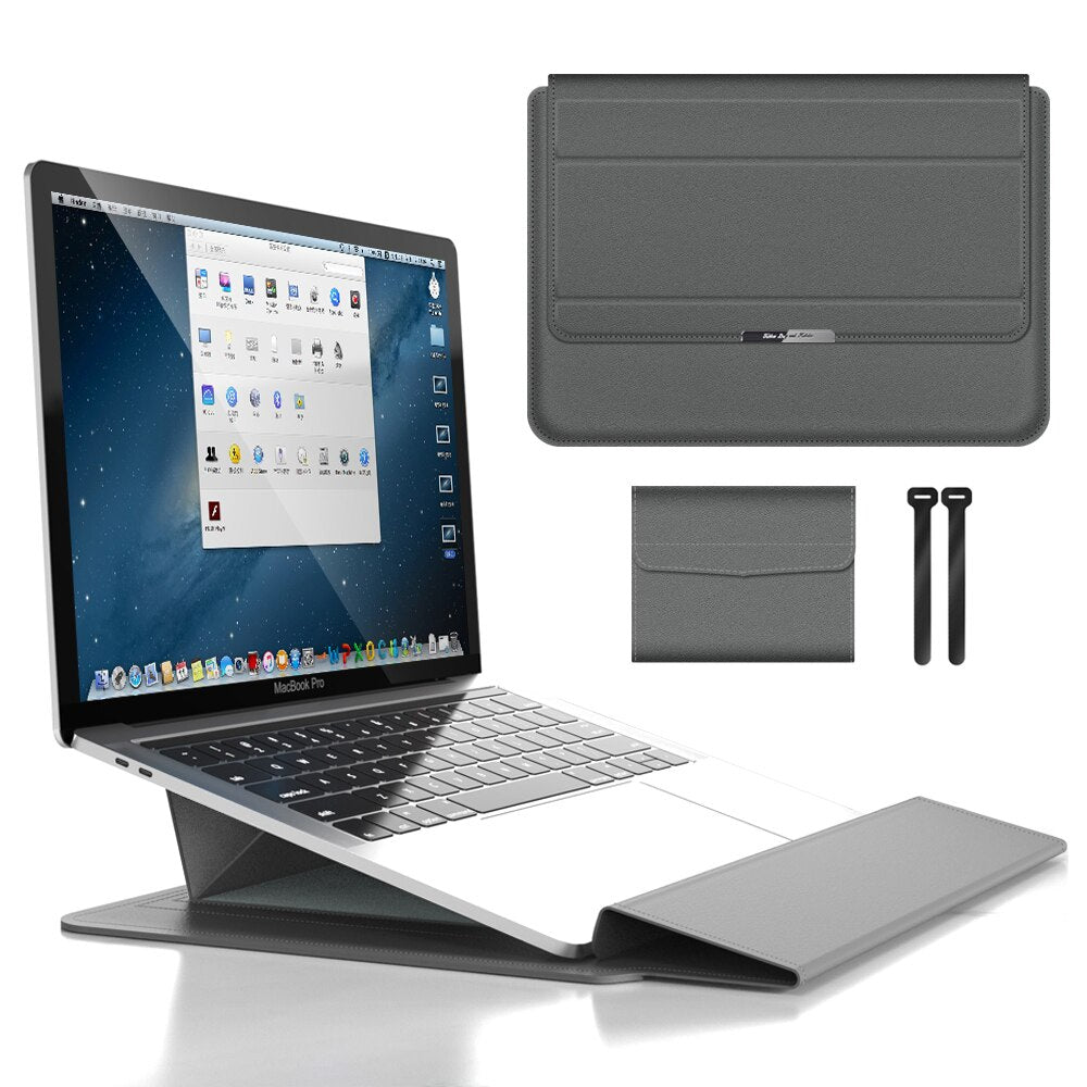 Slim PU Leather Laptop Sleeve with Foldable Stand