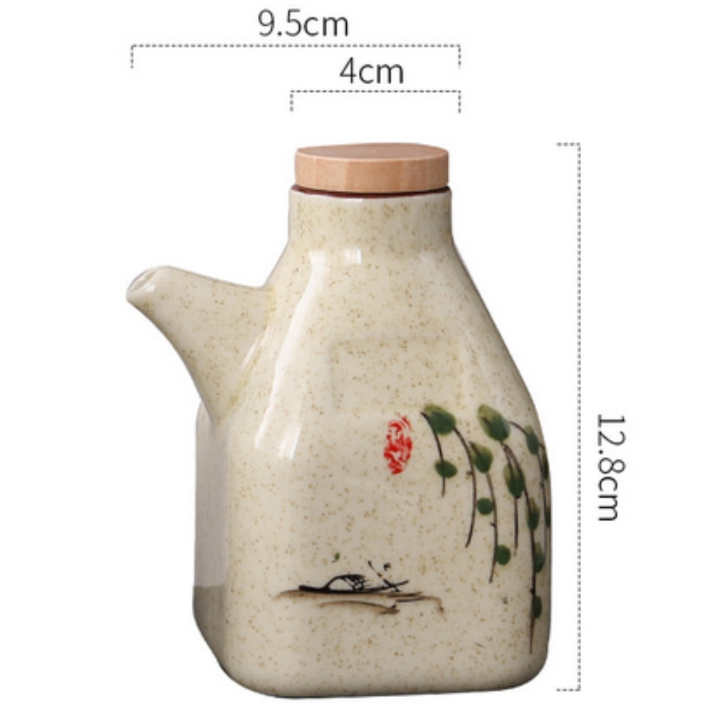 Hand-Painted Ceramic Oil and Sauce Dispenser with Wooden Lid