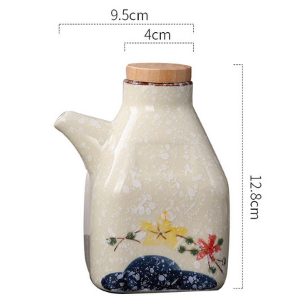 Hand-Painted Ceramic Oil and Sauce Dispenser with Wooden Lid