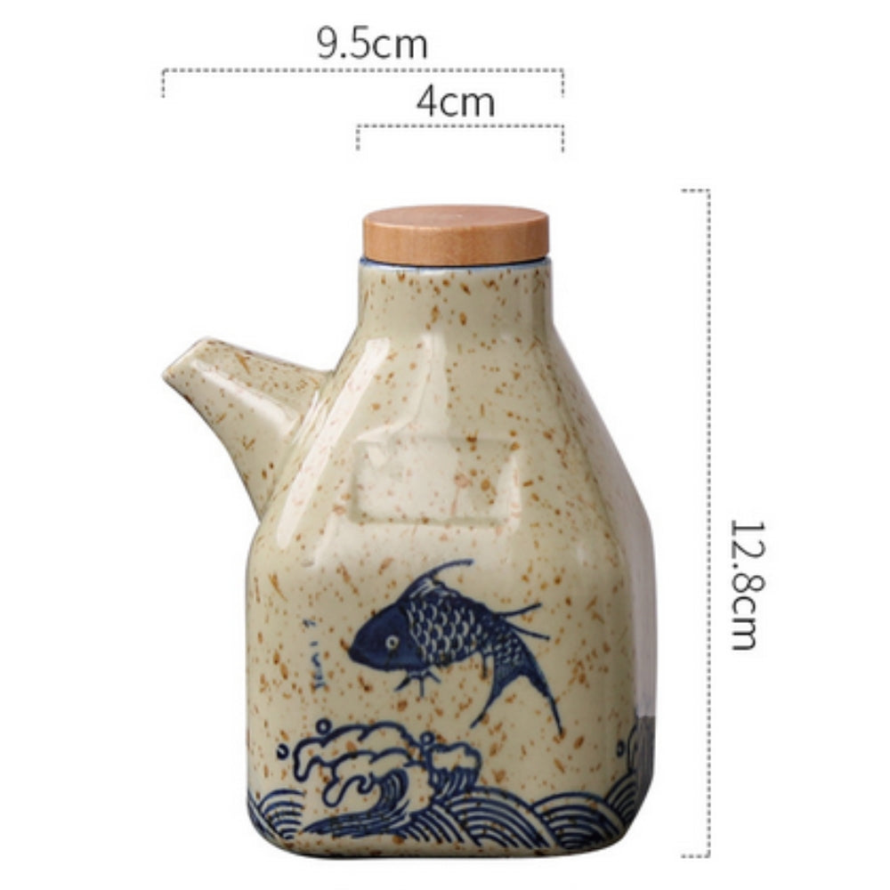 Hand-Painted Ceramic Oil and Sauce Dispenser with Wooden Lid