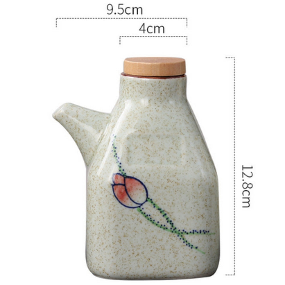 Hand-Painted Ceramic Oil and Sauce Dispenser with Wooden Lid
