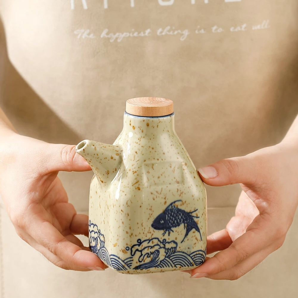 Hand-Painted Ceramic Oil and Sauce Dispenser with Wooden Lid