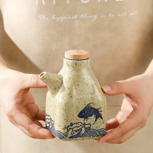 Hand-Painted Ceramic Oil and Sauce Dispenser with Wooden Lid