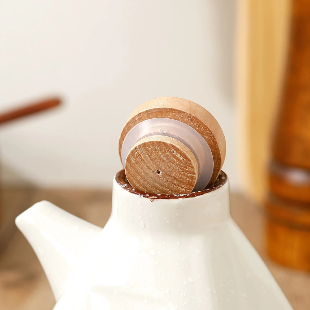 Hand-Painted Ceramic Oil and Sauce Dispenser with Wooden Lid