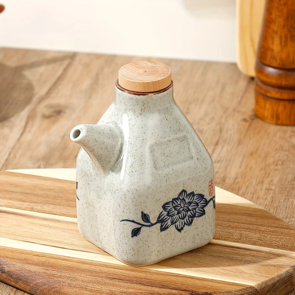 Hand-Painted Ceramic Oil and Sauce Dispenser with Wooden Lid