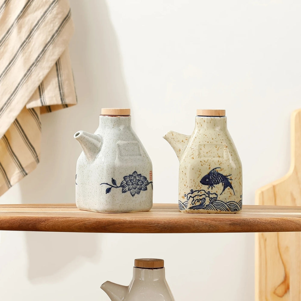 Hand-Painted Ceramic Oil and Sauce Dispenser with Wooden Lid