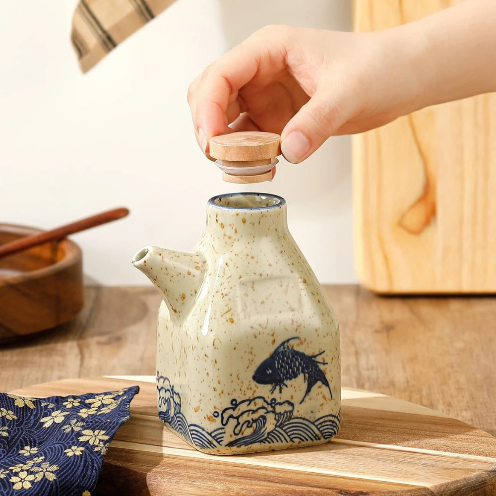 Hand-Painted Ceramic Oil and Sauce Dispenser with Wooden Lid