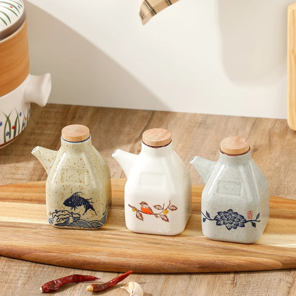 Hand-Painted Ceramic Oil and Sauce Dispenser with Wooden Lid