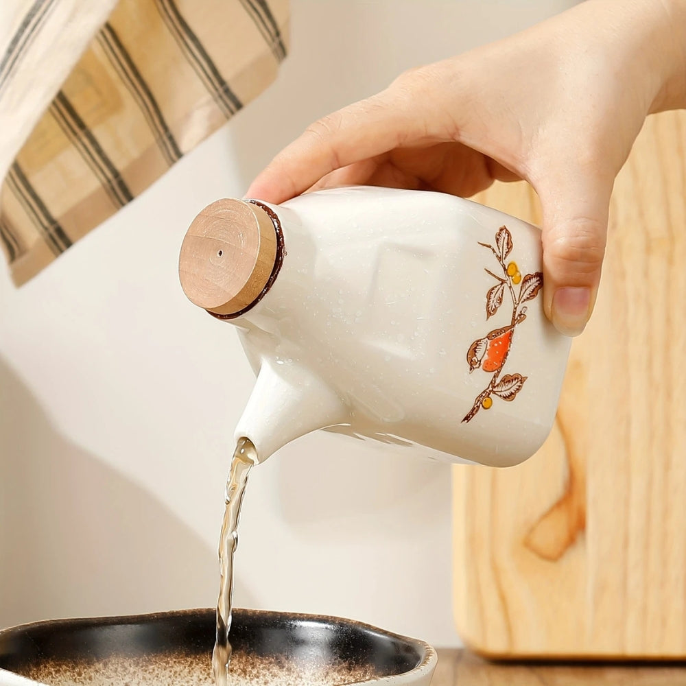 Hand-Painted Ceramic Oil and Sauce Dispenser with Wooden Lid