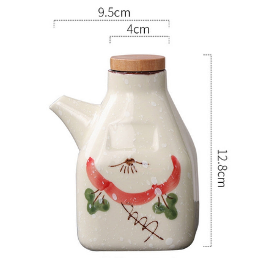 Hand-Painted Ceramic Oil and Sauce Dispenser with Wooden Lid