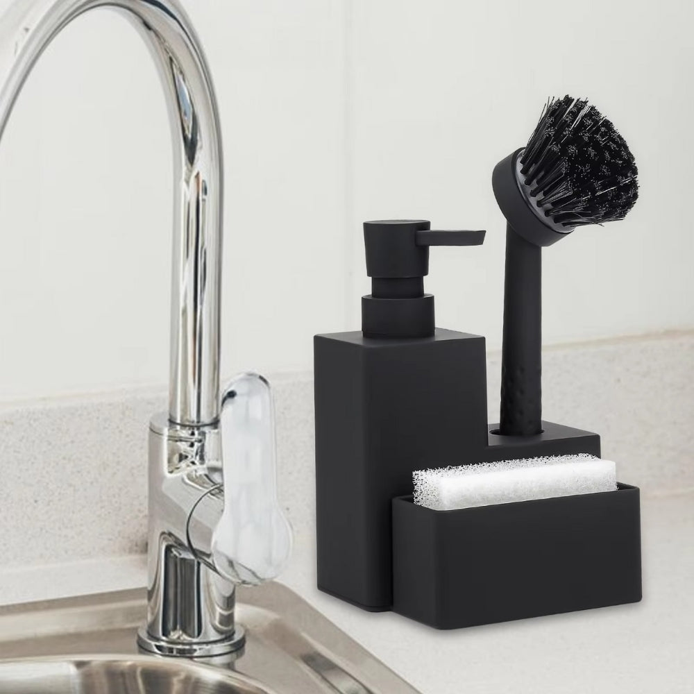 Matte Black Soap Dispenser with Wooden Accents