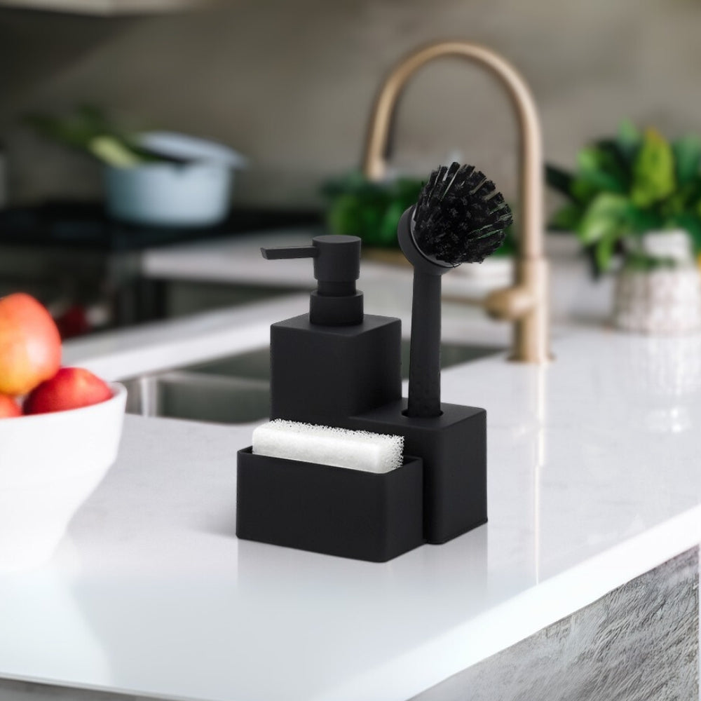 Matte Black Soap Dispenser with Wooden Accents
