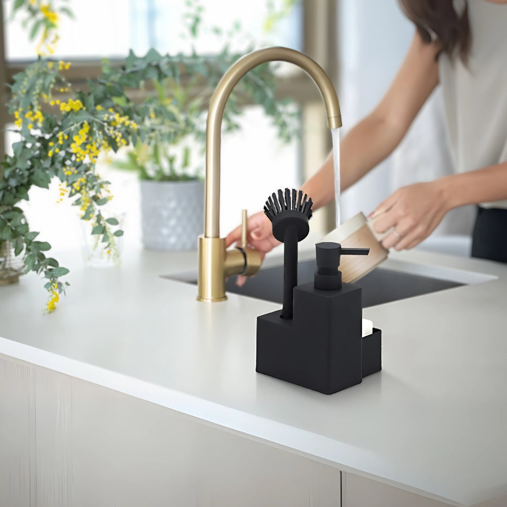 Matte Black Soap Dispenser with Wooden Accents