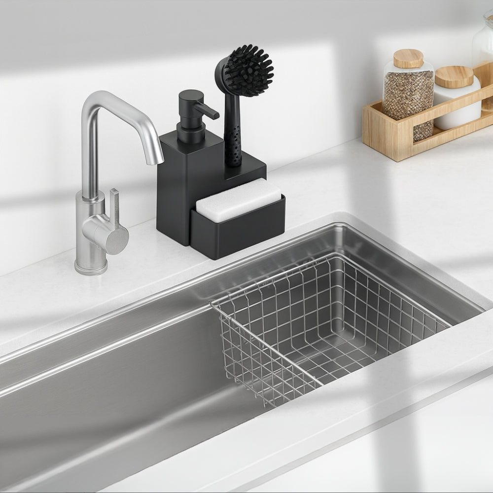 Matte Black Soap Dispenser with Wooden Accents
