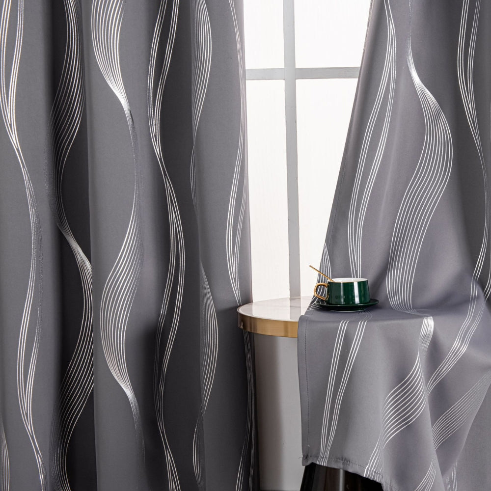 Wave Pattern Blackout Curtain Panel in Black Microfiber