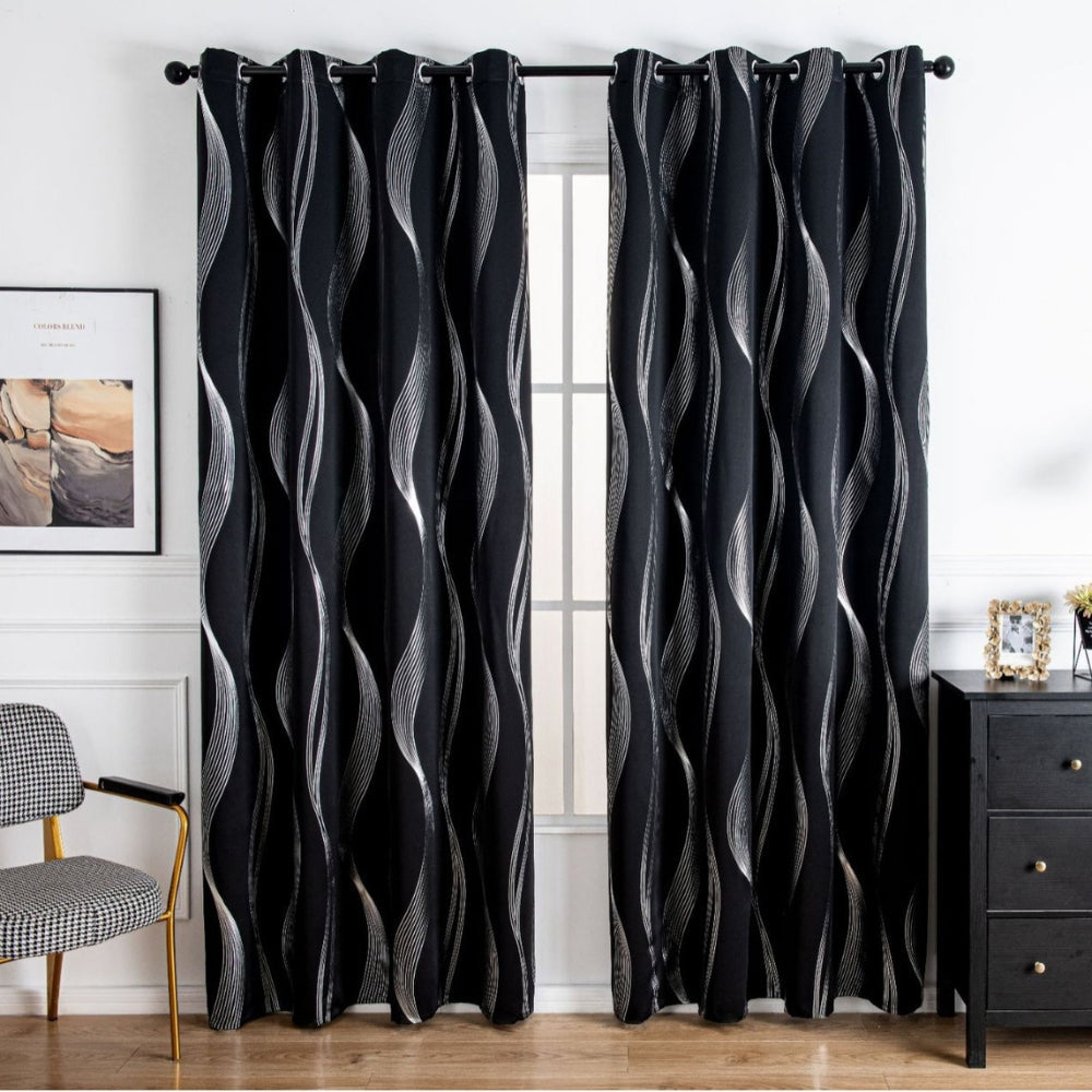 Wave Pattern Blackout Curtain Panel in Black Microfiber