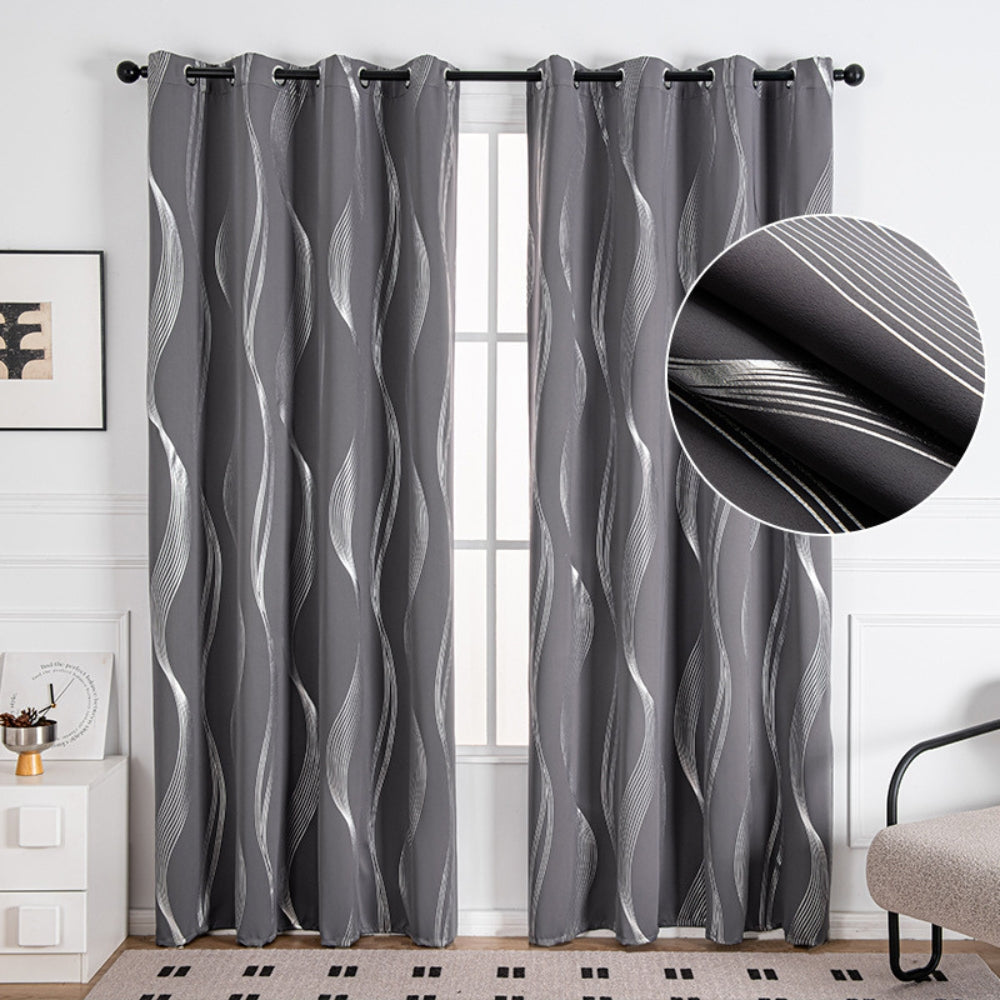 Wave Pattern Blackout Curtain Panel in Black Microfiber