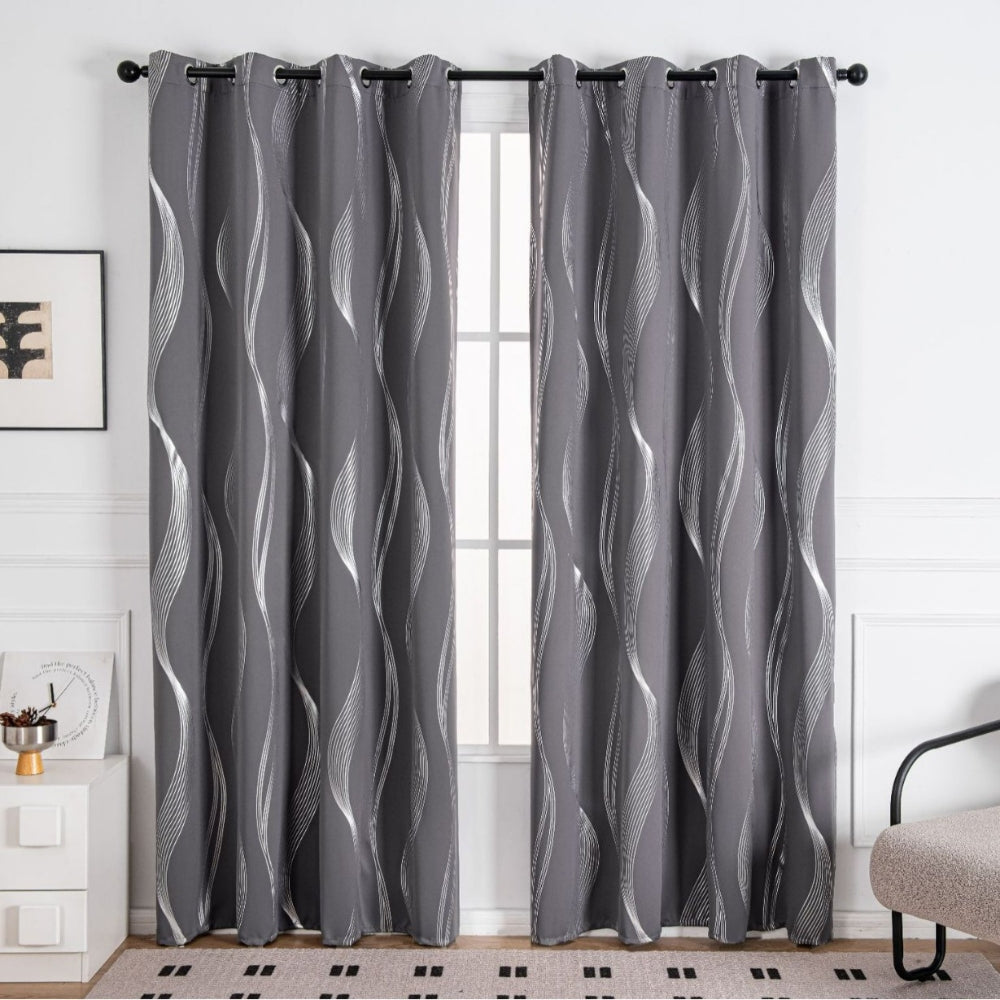 Wave Pattern Blackout Curtain Panel in Black Microfiber