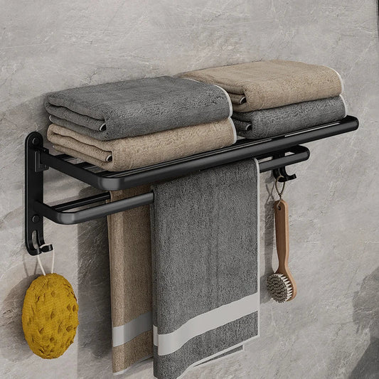Foldable Matte Black Towel Rack with Hooks