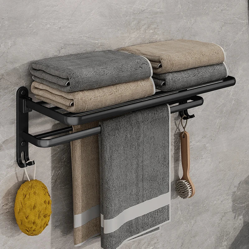 Foldable Matte Black Towel Rack with Hooks