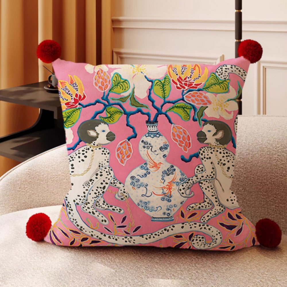 Reversible Microfiber Cushion Cover with Pompoms