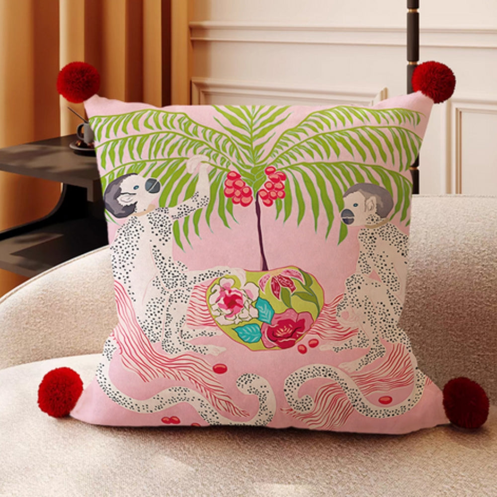 Reversible Microfiber Cushion Cover with Pompoms