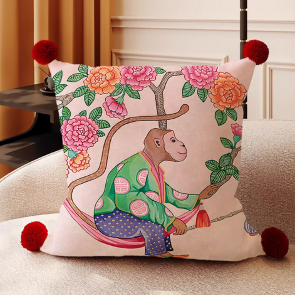 Reversible Microfiber Cushion Cover with Pompoms