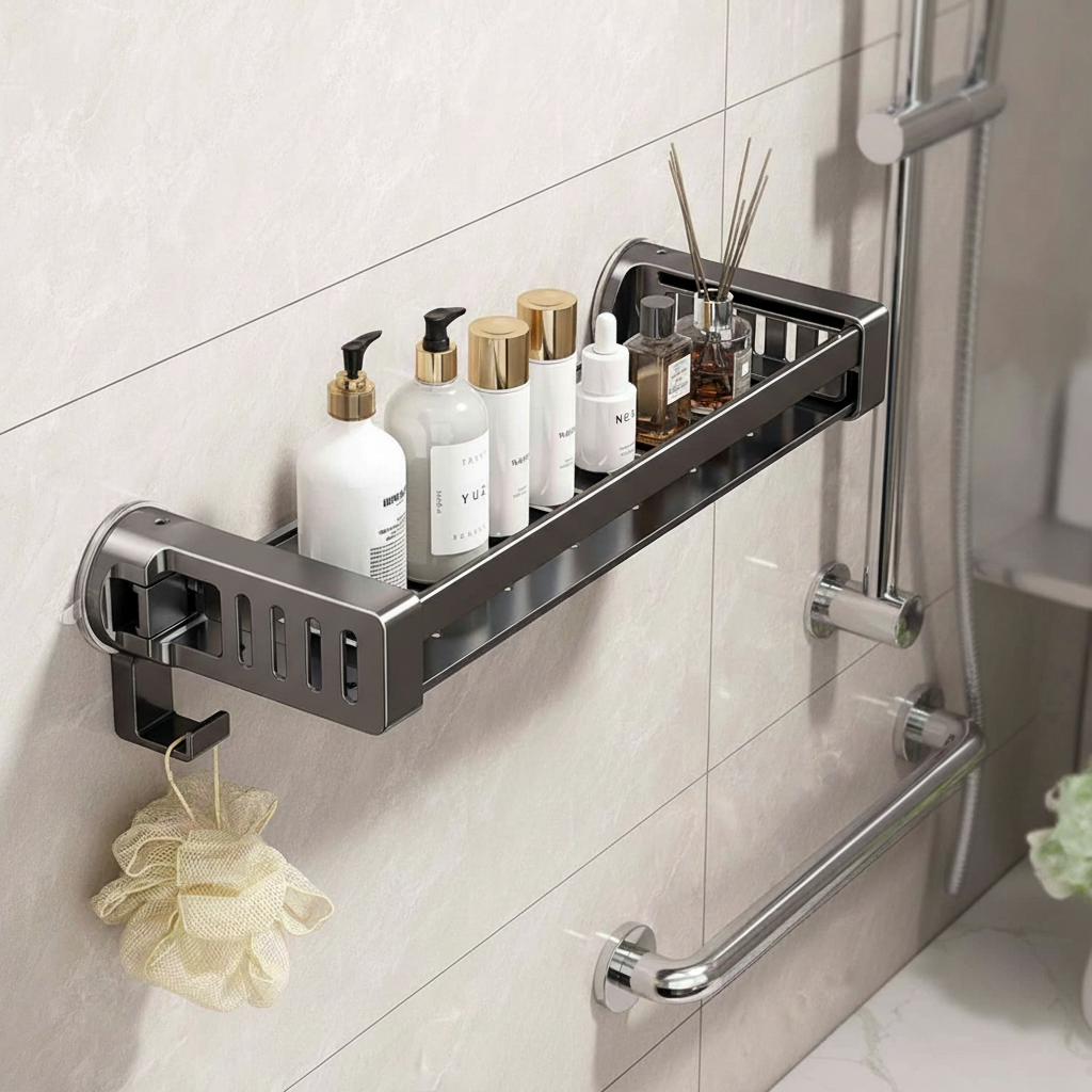 Mount-Free Suction Cup Bathroom Shelf - Rust-Free Aluminum