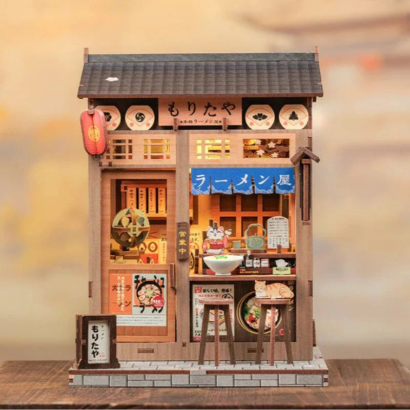 Touch-Activated LED Ramen Bar Display with Dust Cover and Cat Figurine