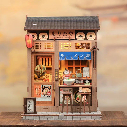 Touch-Activated LED Ramen Bar Display with Dust Cover and Cat Figurine