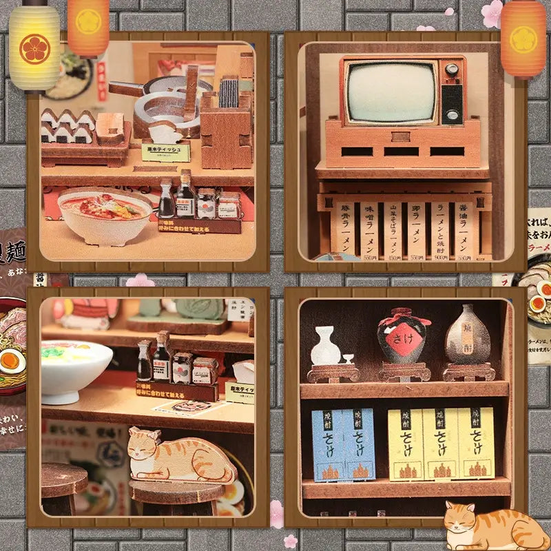 Touch-Activated LED Ramen Bar Display with Dust Cover and Cat Figurine