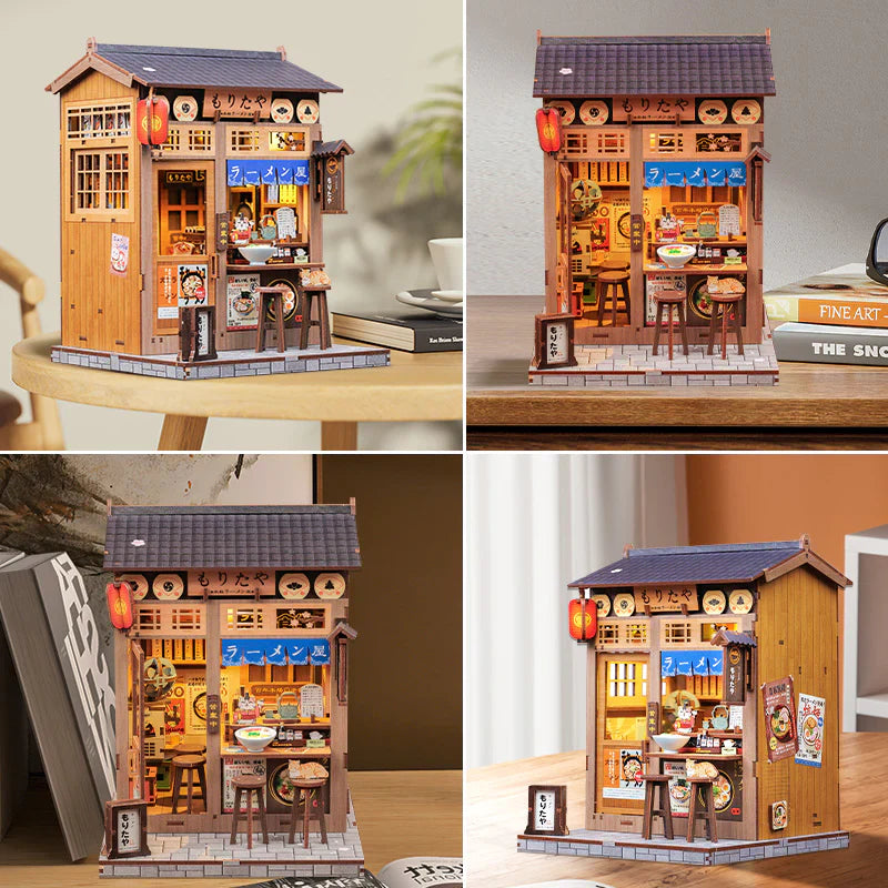 Touch-Activated LED Ramen Bar Display with Dust Cover and Cat Figurine