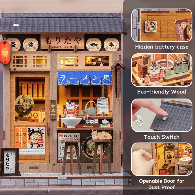 Touch-Activated LED Ramen Bar Display with Dust Cover and Cat Figurine