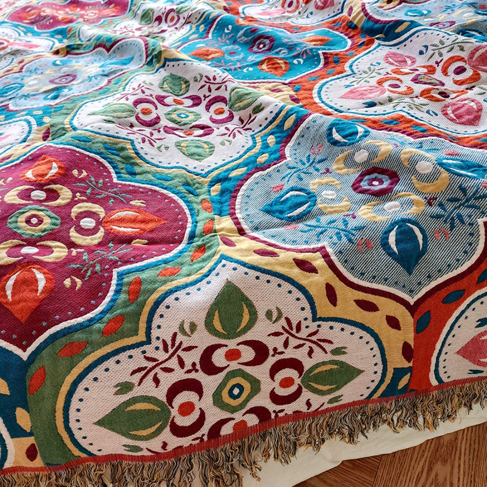 Moroccan Mosaic Cotton Blanket with Tassel Edges
