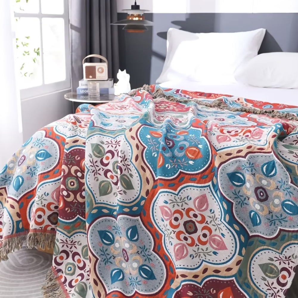 Moroccan Mosaic Cotton Blanket with Tassel Edges