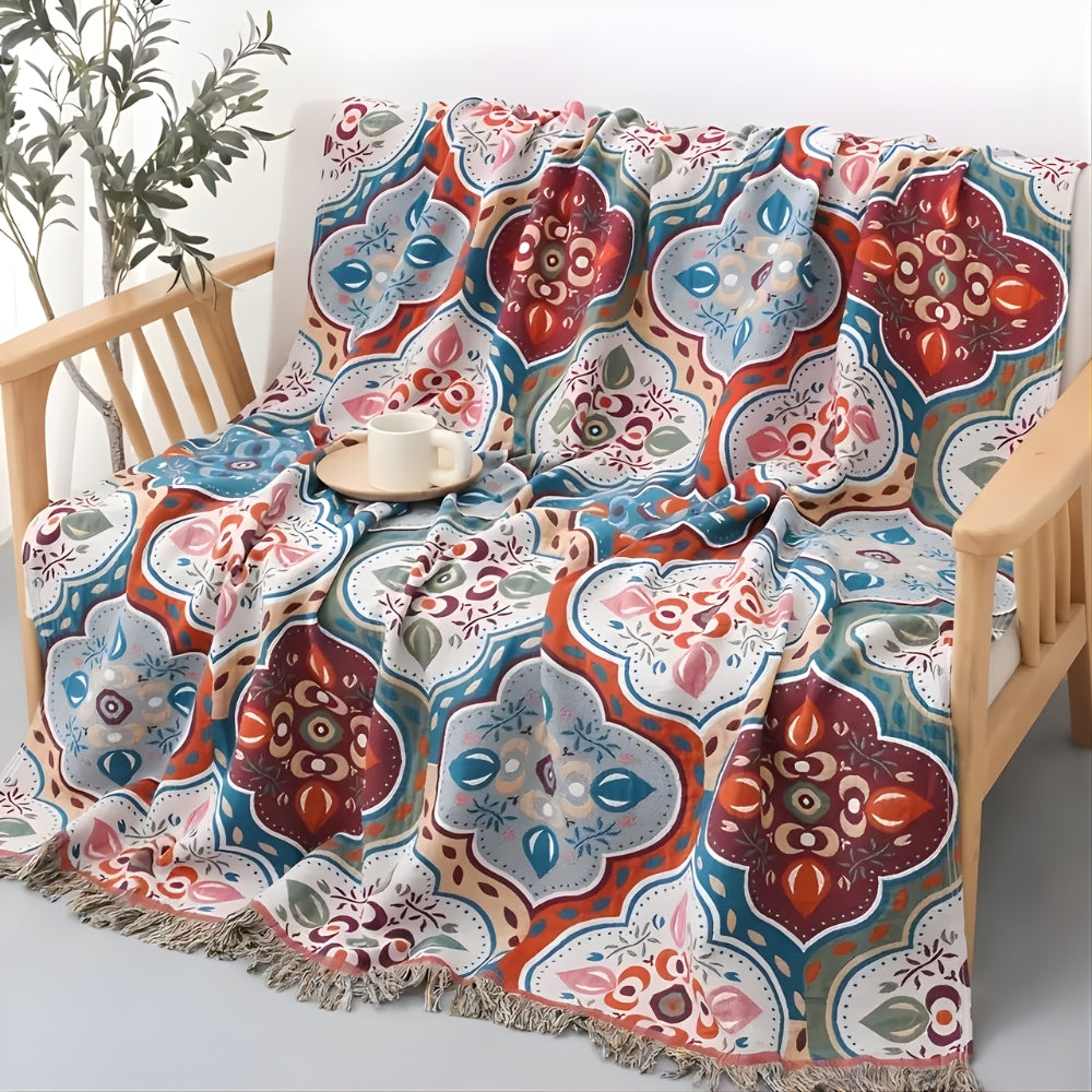 Moroccan Mosaic Cotton Blanket with Tassel Edges