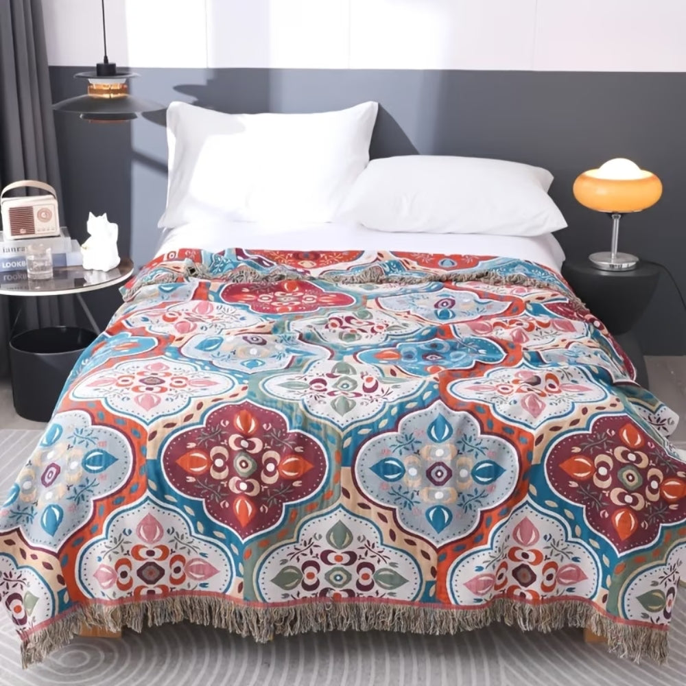 Moroccan Mosaic Cotton Blanket with Tassel Edges