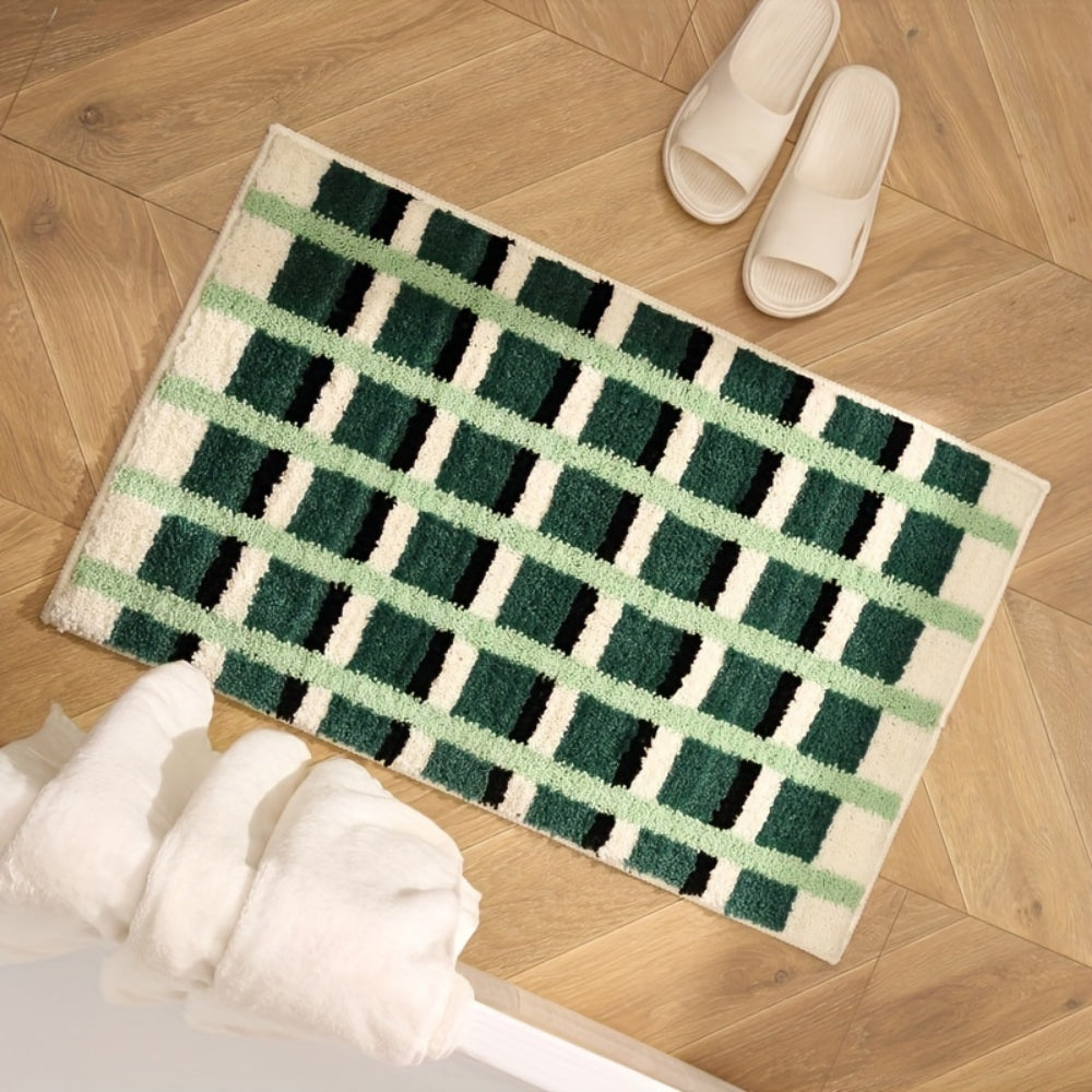 Moss Green Geometric Flocked Bath Mat