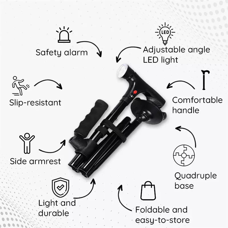 Foldable Walking Cane with LED Light and Adjustable Height