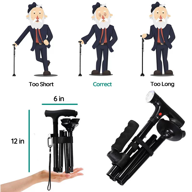 Foldable Walking Cane with LED Light and Adjustable Height