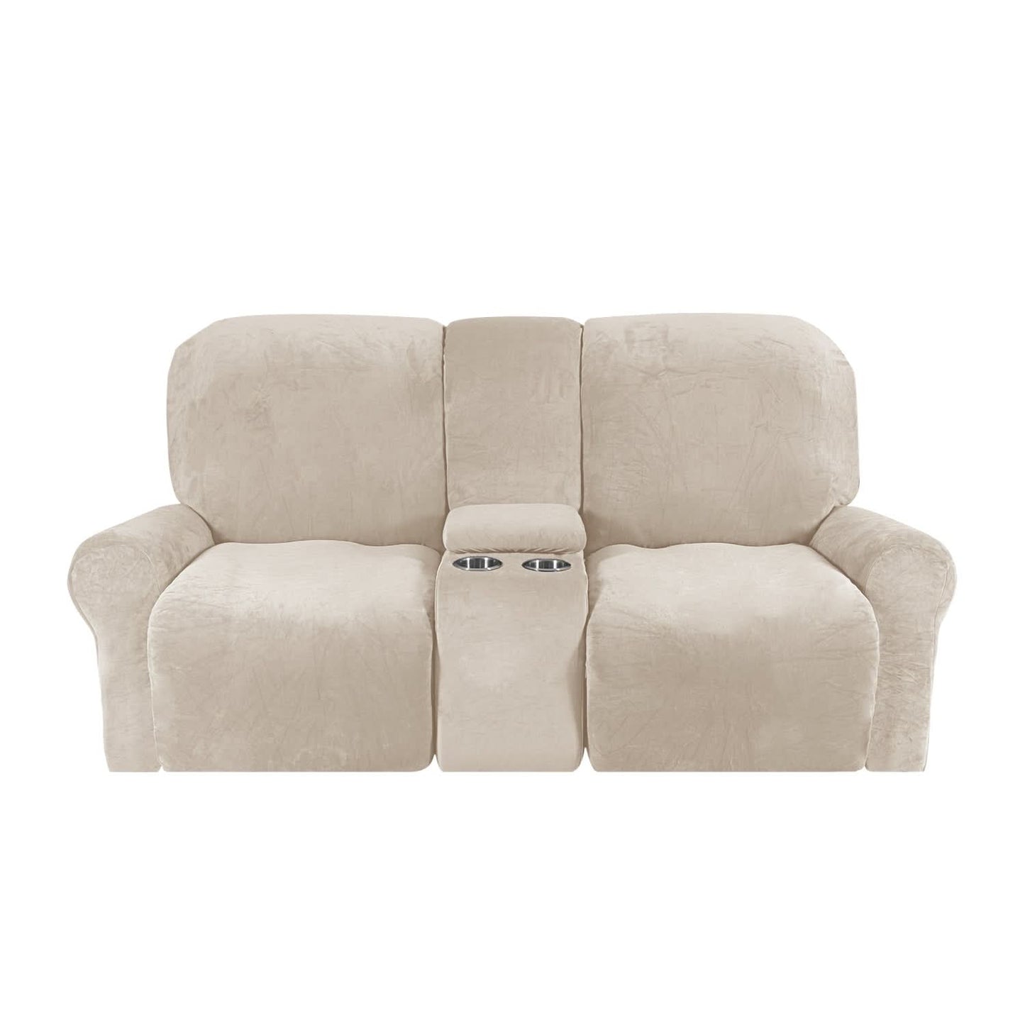 2-Seater Velvet Plush Recliner Sofa Cover with Cup Holders