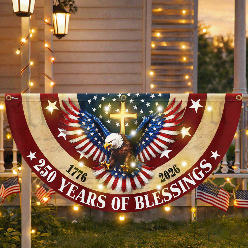 Christian Eagle Cross Solar LED Fan Flag 250 Years of Blessings
