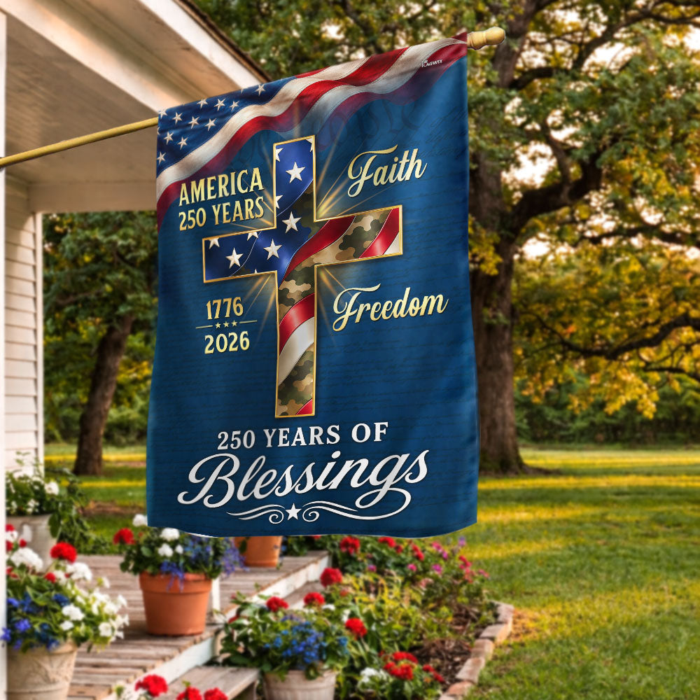 Double-Sided 250 Years of Blessings Christian Cross US Flag
